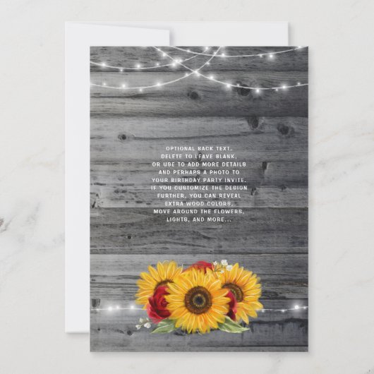 Rustikale Sonnenblume Burgund Rose Wood Birthday P Einladung (Rückseite)