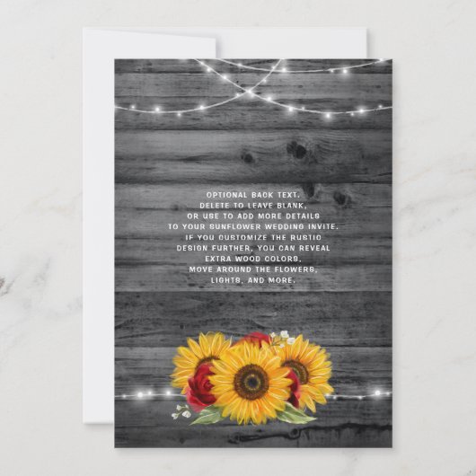 Rustikale Sonnenblume Burgund Rote Rose Wood Weddi Einladung (Rückseite)