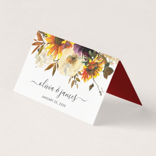 Rustikale Sonnenblume Burgund Wasserfarbe Hochzeit (Vorderseite)