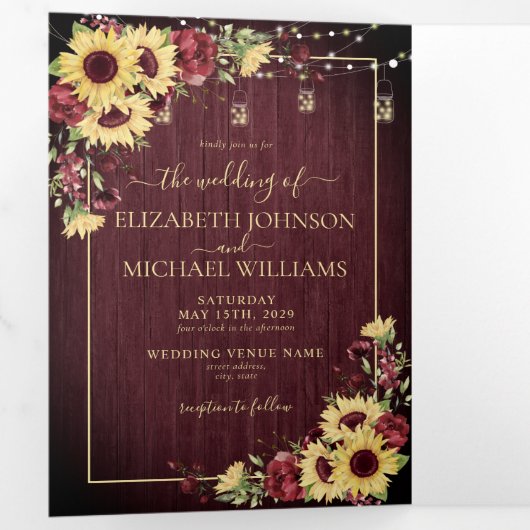 Rustikale Sonnenblume Burgundy Wood Floral Wedding Dreifach Gefaltete Einladung (Innen Erste Seite)