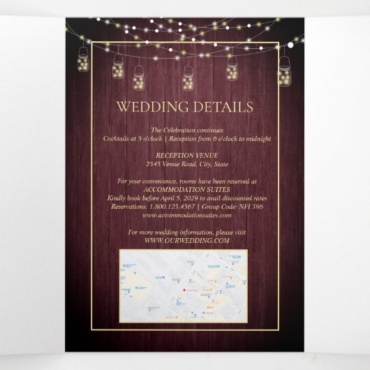 Rustikale Sonnenblume Burgundy Wood Floral Wedding Dreifach Gefaltete Einladung (Innenseite Mitte)