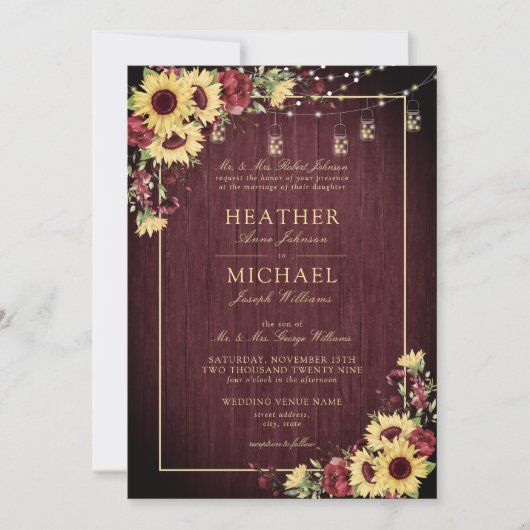 Rustikale Sonnenblume Burgundy Wood Floral Wedding Einladung (Vorderseite)