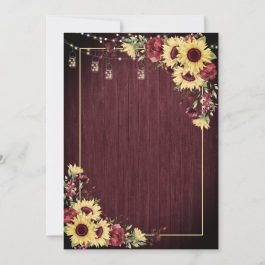 Rustikale Sonnenblume Burgundy Wood Floral Wedding Einladung (Rückseite)