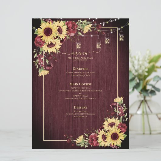 Rustikale Sonnenblume Burgundy Wood Floral Wedding Menükarte (Stehend Vorderseite)