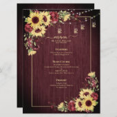 Rustikale Sonnenblume Burgundy Wood Floral Wedding Menükarte (Vorne/Hinten)