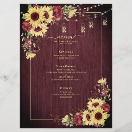 Rustikale Sonnenblume Burgundy Wood Floral Wedding Menükarte