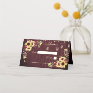 Rustikale Sonnenblume Burgundy Wood Floral Wedding Platzkarte