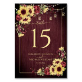 Rustikale Sonnenblume Burgundy Wood Floral Wedding Tischnummer (Rückseite)
