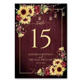 Rustikale Sonnenblume Burgundy Wood Floral Wedding Tischnummer