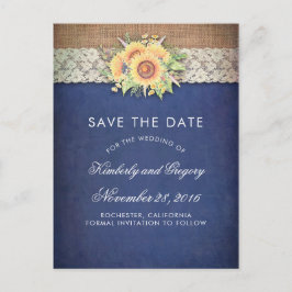 Rustikale Sonnenblume Burlap Navy Save the Date Ankündigungspostkarte