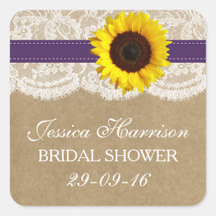 Rustikale Sonnenblume, Burlap- und Lace-Brautparty Quadratischer Aufkleber