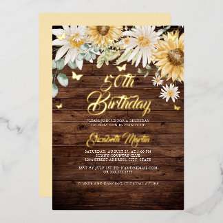 Rustikale Sonnenblume Butterfly 50. Geburtstagspar Folieneinladung