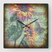 Rustikale Sonnenblume Butterfly Bold Ephemera Quadratische Wanduhr (Vorderseite)
