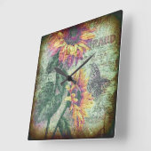 Rustikale Sonnenblume Butterfly Bold Ephemera Quadratische Wanduhr (Winkel)