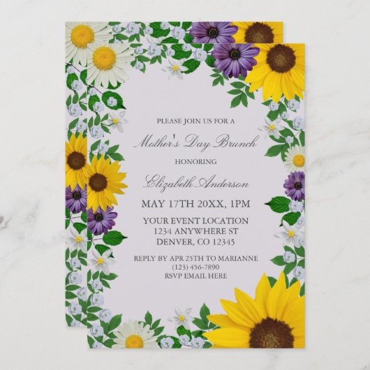 Rustikale Sonnenblume Daisy Blumenmutter Tag Einladung (Vorne/Hinten)