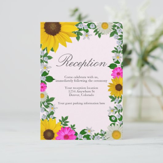 Rustikale Sonnenblume Daisy Floral Hochzeit Empfan Begleitkarte (Stehend Vorderseite)