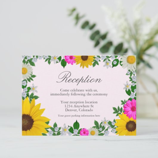 Rustikale Sonnenblume Daisy Floral Hochzeit Empfan Begleitkarte (Stehend Vorderseite)