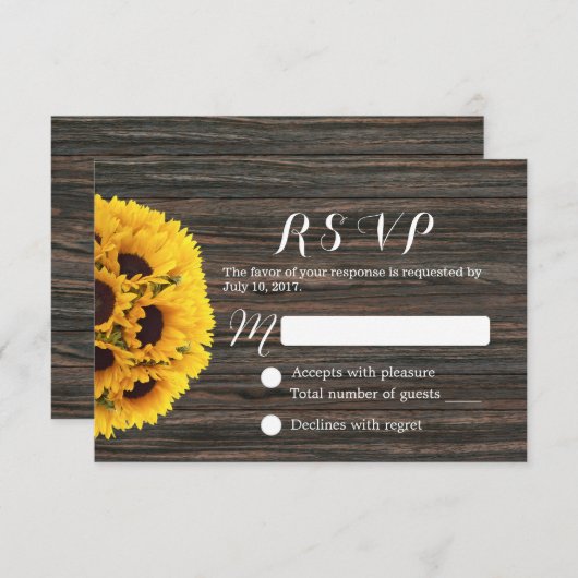 Rustikale Sonnenblume Dunkelholz Hintergrund Hochz RSVP Karte (Vorne/Hinten)