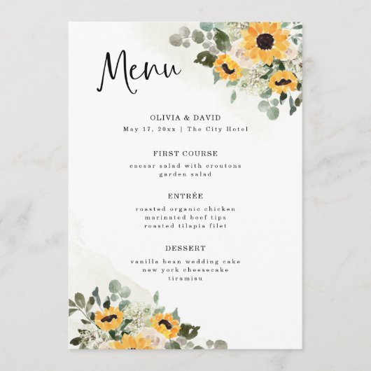 Rustikale Sonnenblume | Einfache Wasserfarbenhochz Menükarte (Vorderseite)