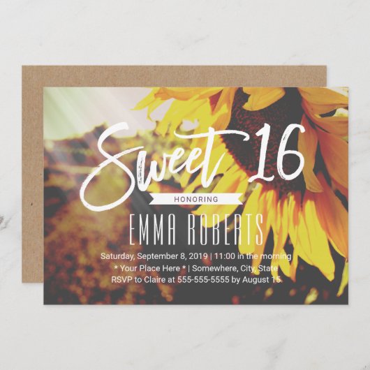 Rustikale Sonnenblume Elegant Blumensaft 16 Geburt Einladung (Vorne/Hinten)