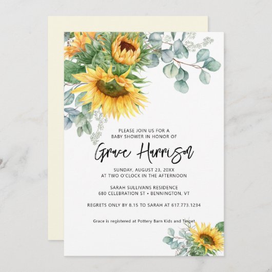 Rustikale Sonnenblume Eukalyptus Greenery Baby Dus Einladung (Vorne/Hinten)