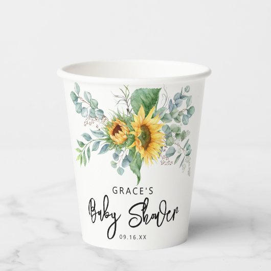 Rustikale Sonnenblume Eukalyptus Greenery Baby Dus Pappbecher (Vorderseite)