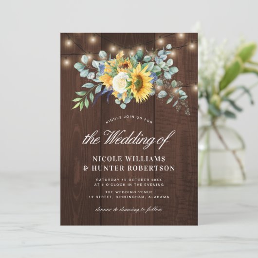 Rustikale Sonnenblume Eukalyptus-Saitenlichter Hoc Einladung (Stehend Vorderseite)