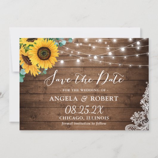Rustikale Sonnenblume Eukalyptus String Lights Hoc Save The Date (Vorderseite)