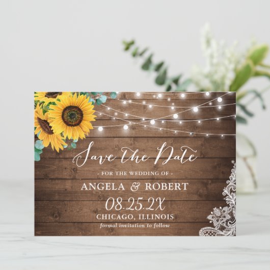 Rustikale Sonnenblume Eukalyptus String Lights Hoc Save The Date (Stehend Vorderseite)