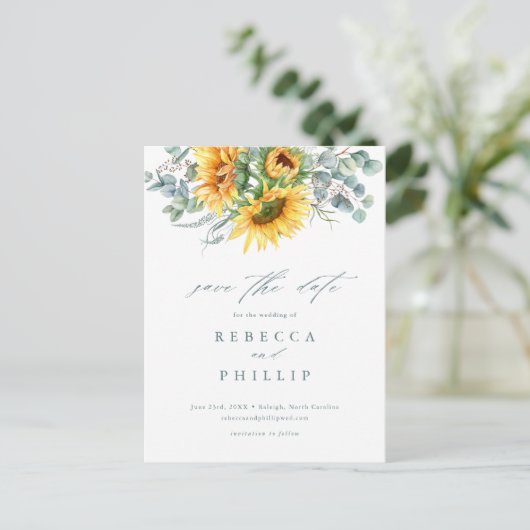 Rustikale Sonnenblume Eukalyptus Wedding retten da Ankündigungspostkarte (Stehend Vorderseite)