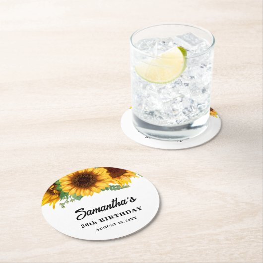 Rustikale Sonnenblume Geburtstag Runder Pappuntersetzer (Vor Ort)