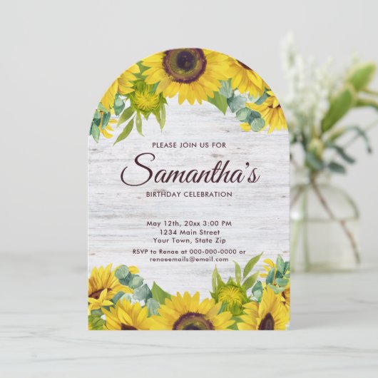 Rustikale Sonnenblume Geburtstagsparty Einladung (Stehend Vorderseite)