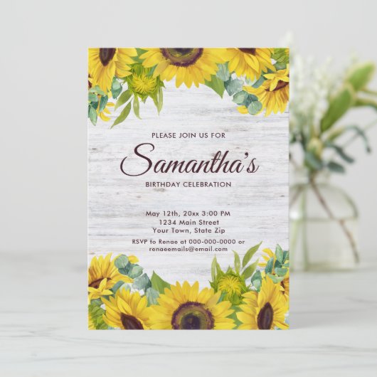 Rustikale Sonnenblume Geburtstagsparty Einladung (Stehend Vorderseite)