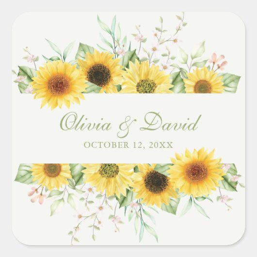 Rustikale Sonnenblume Hochzeit Quadratischer Aufkleber (Vorderseite)