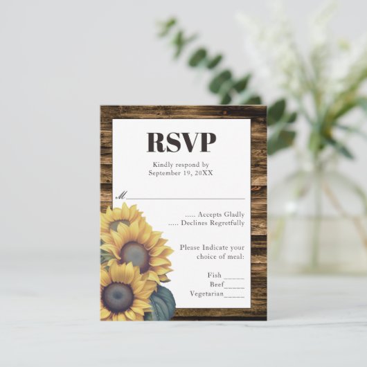 Rustikale Sonnenblume Hochzeit RSVP Karte (Stehend Vorderseite)