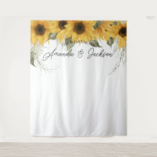 Rustikale Sonnenblume Hochzeitsstand Foto Hintergr Wandteppich (Vorderseite)