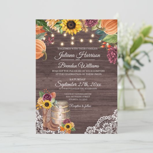 Rustikale Sonnenblume Holz Hochzeit im Herbst Einl Einladung (Stehend Vorderseite)