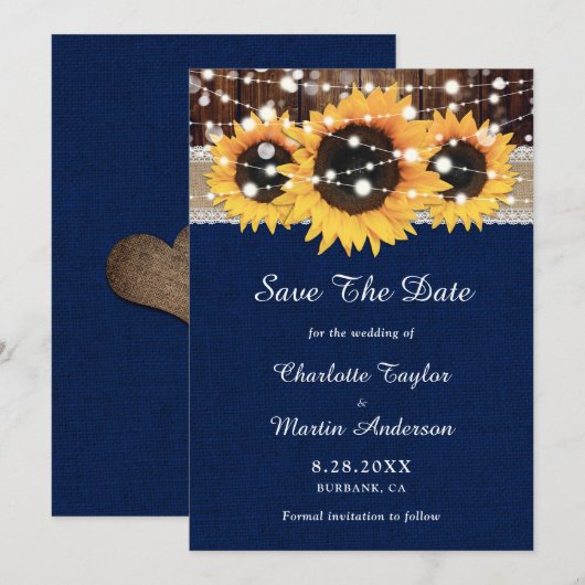 Rustikale Sonnenblume Holz Spitzen Lichter Navy Bl Save The Date (Vorne/Hinten)