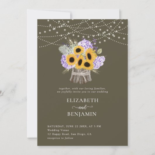 Rustikale Sonnenblume Hydrangea Elegante klassisch Einladung (Vorderseite)