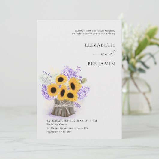 Rustikale Sonnenblume Hydrangea Wasserfarbe Chic H Einladung (Stehend Vorderseite)