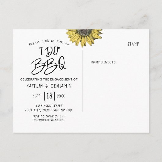 Rustikale Sonnenblume Ich mache GRILLEN Engagement Einladungspostkarte (Rückseite)