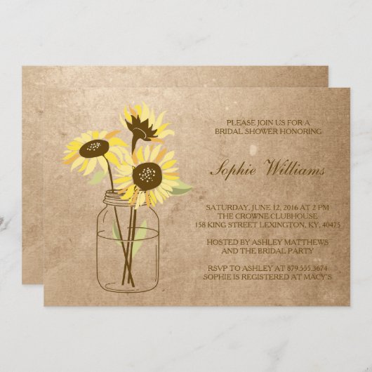 Rustikale Sonnenblume im Mason Jar Brautparty Einladung (Vorne/Hinten)