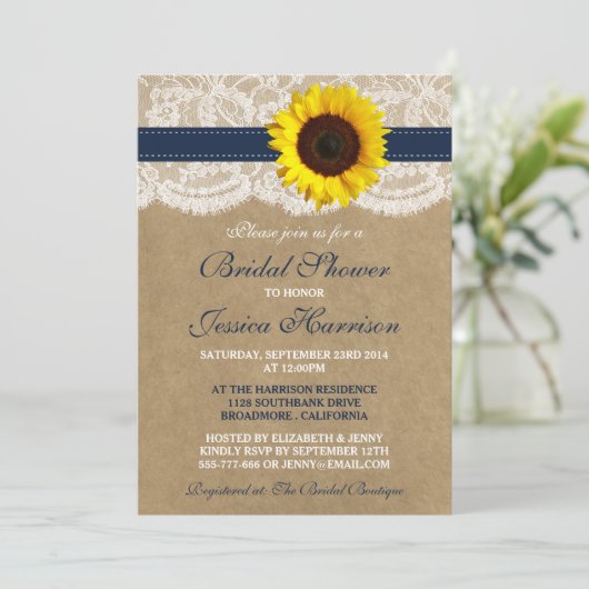 Rustikale Sonnenblume, Kraft- und Spitzen-Brautpar Einladung (Stehend Vorderseite)