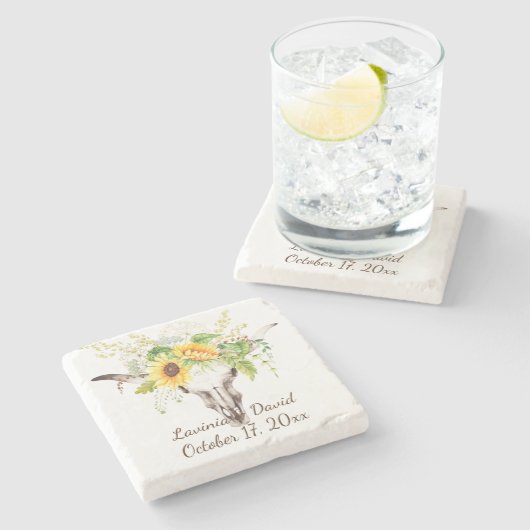 Rustikale Sonnenblume Kuh Skull Horns Bouquet Mono Steinuntersetzer (Seitenansicht)