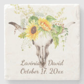 Rustikale Sonnenblume Kuh Skull Horns Bouquet Mono Steinuntersetzer (Vorderseite)