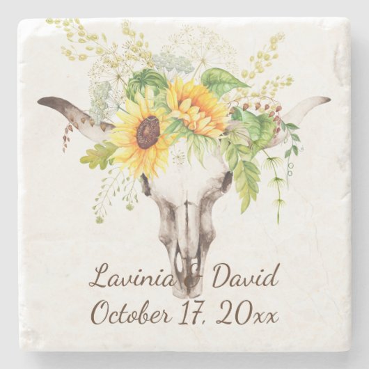 Rustikale Sonnenblume Kuh Skull Horns Bouquet Mono Steinuntersetzer (Vorderseite)