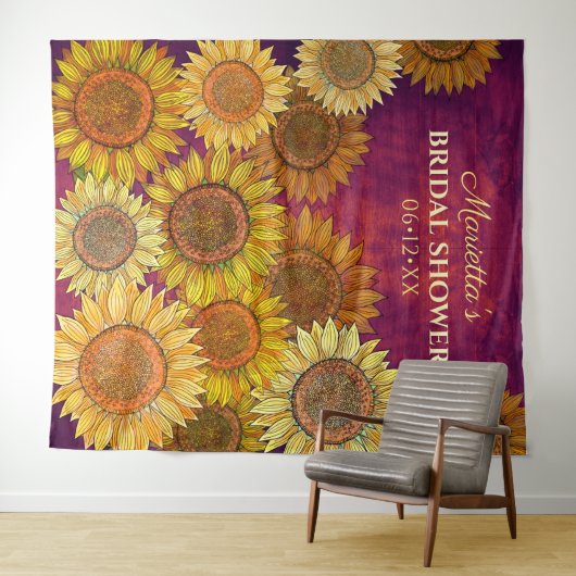 Rustikale Sonnenblume Kunst Lila Brautparty Hinter Wandteppich (Beispiel (Horizontal))