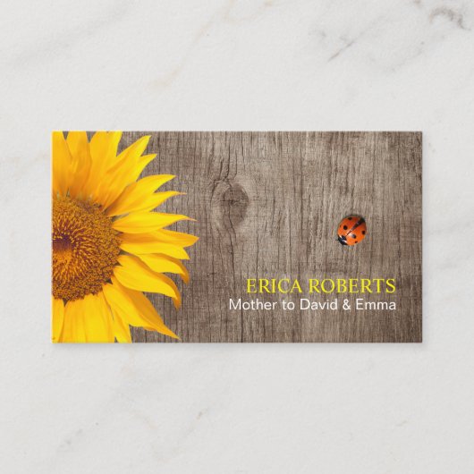 Rustikale Sonnenblume & Ladybug Holzleimmutter Telefonnummerkarte (Vorderseite)