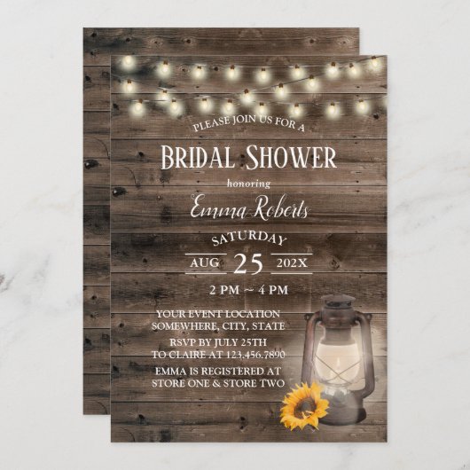 Rustikale Sonnenblume Laternenholz Brautparty Einladung (Vorne/Hinten)