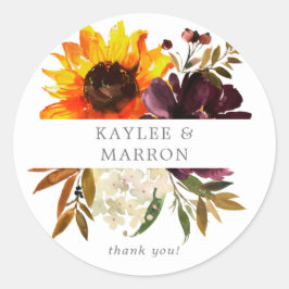 Rustikale Sonnenblume & Lila Blüte Vielen Dank Runder Aufkleber